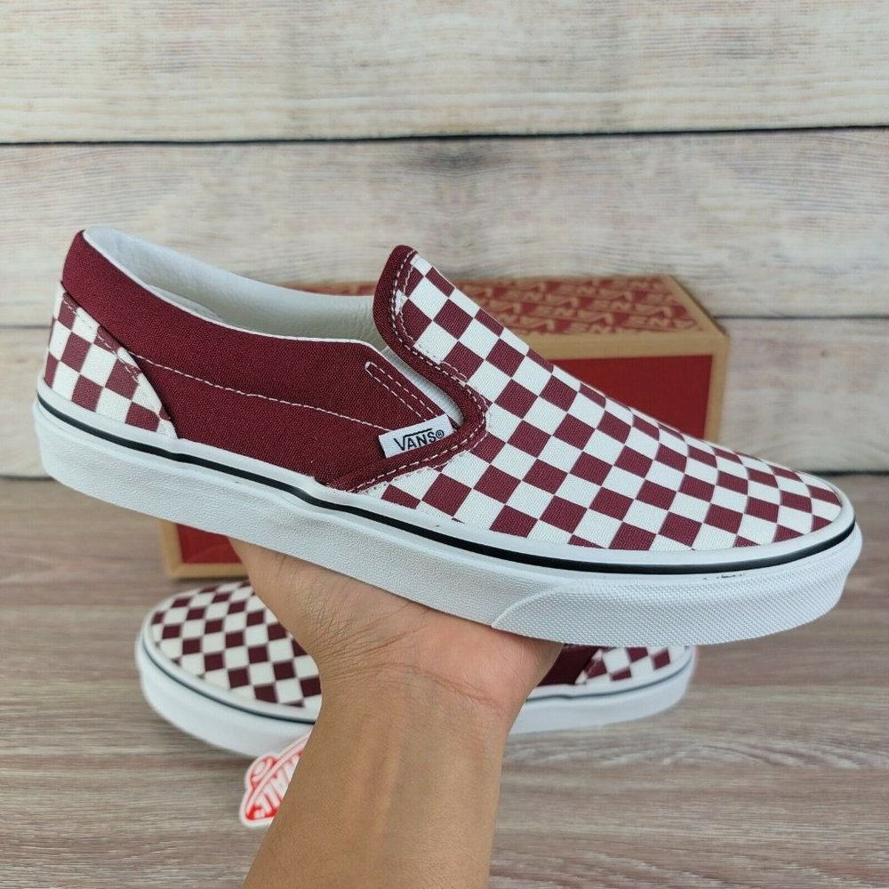 NEW Vans Classic Slip-on Maroon Checkered Women's Athletic Casual Skate Shoes